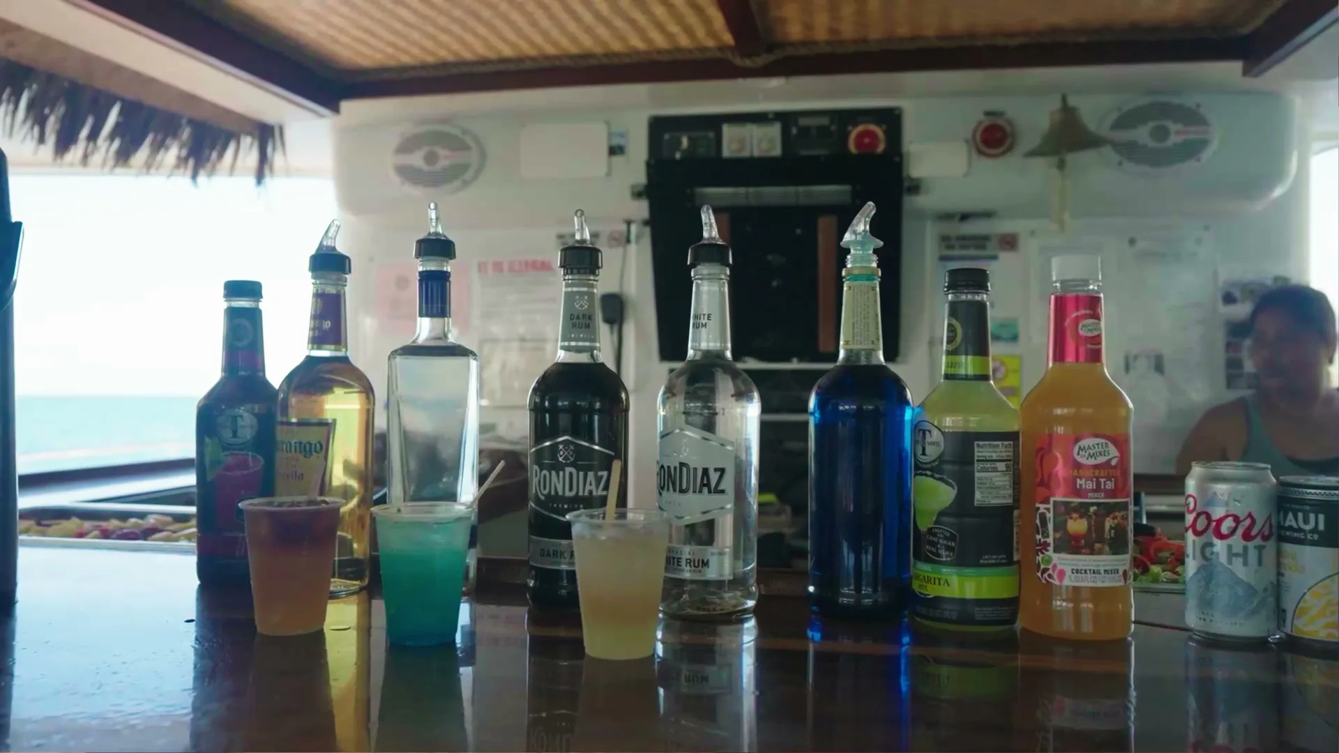 The tiki bar bottle lineup aboard the catamaran