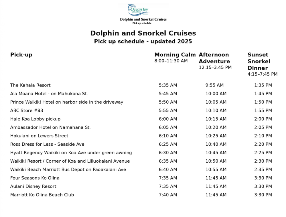 2025 Dolphin and Snorkel Cruises pickup schedule with times and locations for different excursions.